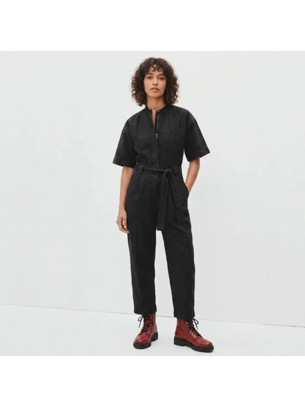 NWT Everlane The Fatigue Short-Sleeve Jumpsuit in Black Belted Cotton Utility 6